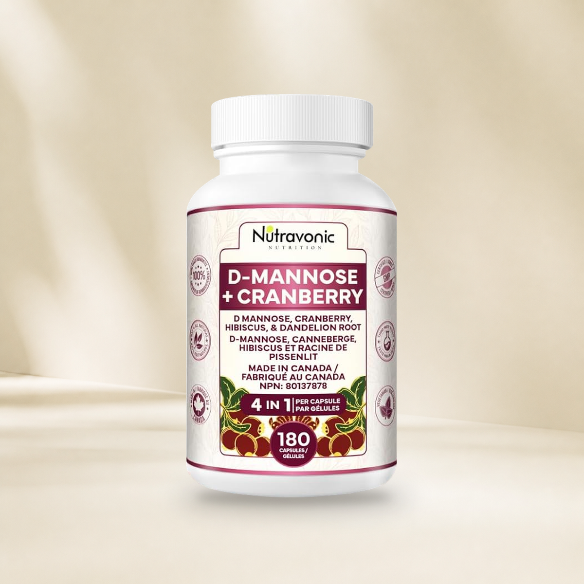 Nutravonic D-Mannose + Cranberry, 180 capsules, bottle without hanging tag on a warm cream studio background