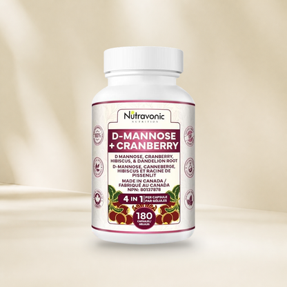 Nutravonic D-Mannose + Cranberry, 180 capsules, bottle without hanging tag on a warm cream studio background