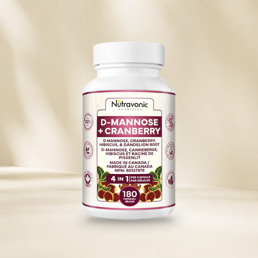 Nutravonic D-Mannose + Cranberry, 180 capsules, bottle without hanging tag on a warm cream studio background