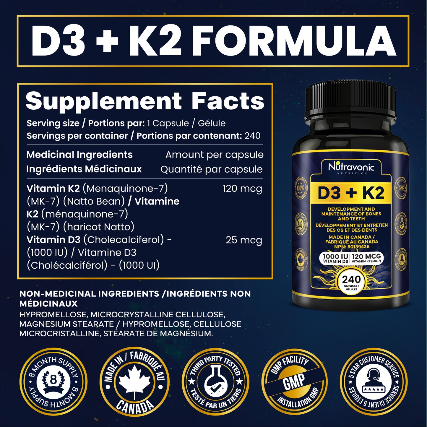 Vitamin D3+K2, 240 Capsules