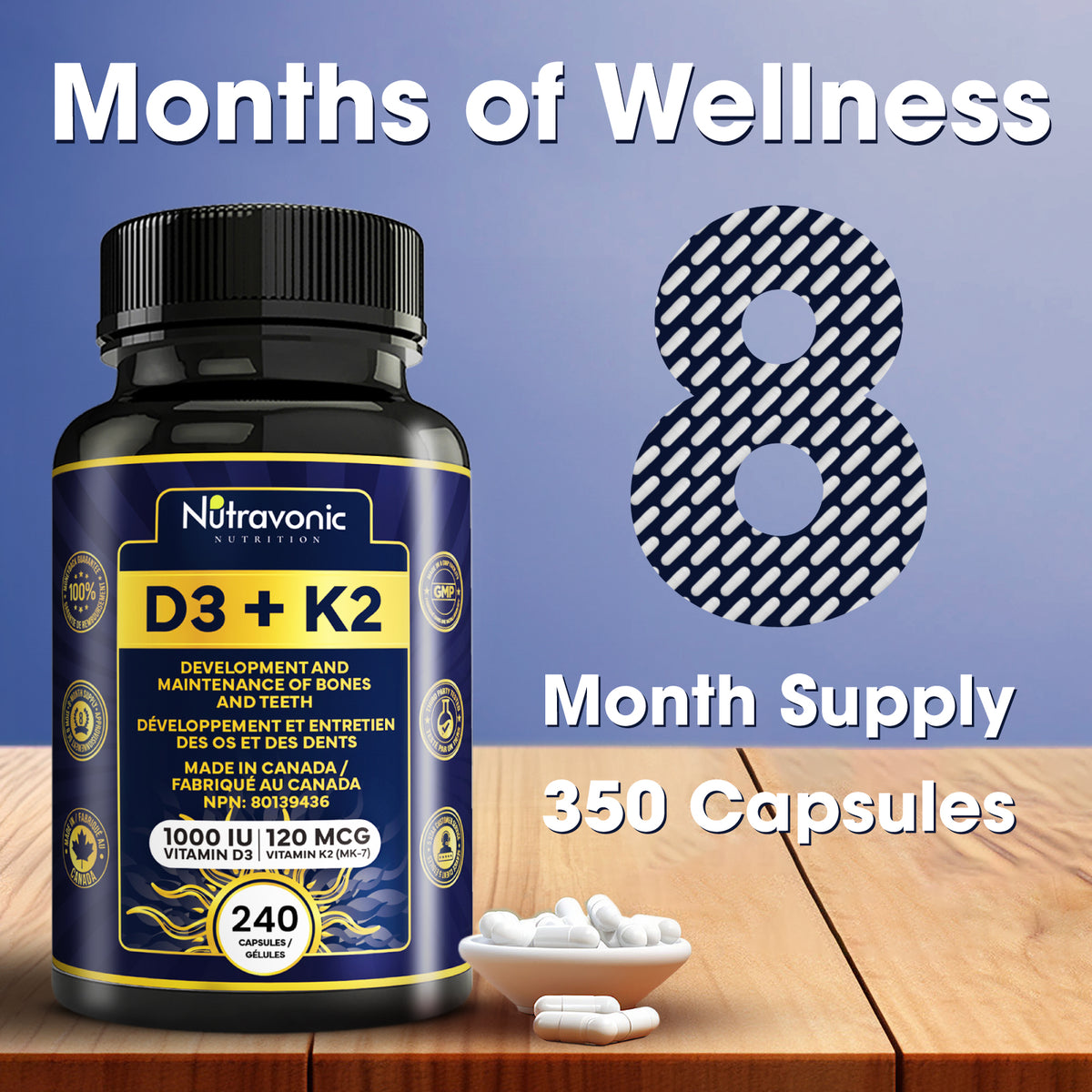 Vitamin D3+K2, 240 Capsules