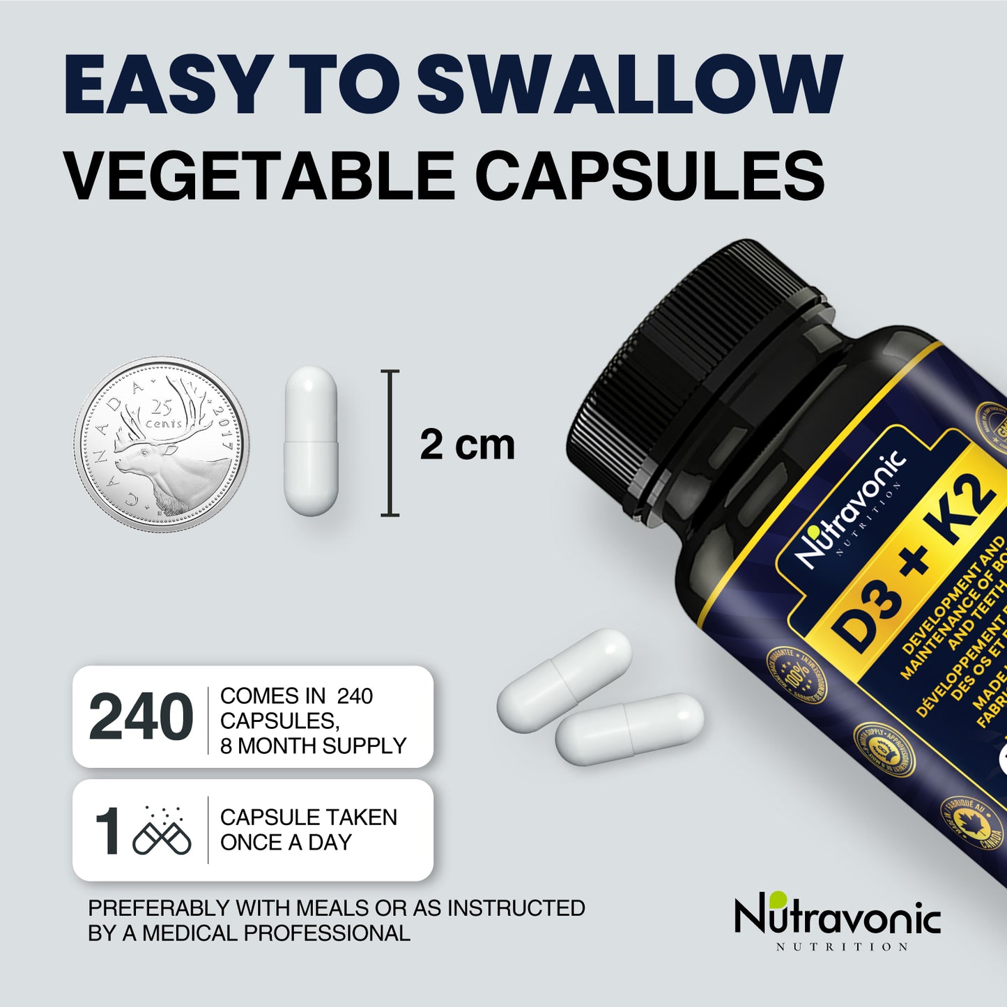Vitamin D3+K2, 240 Capsules
