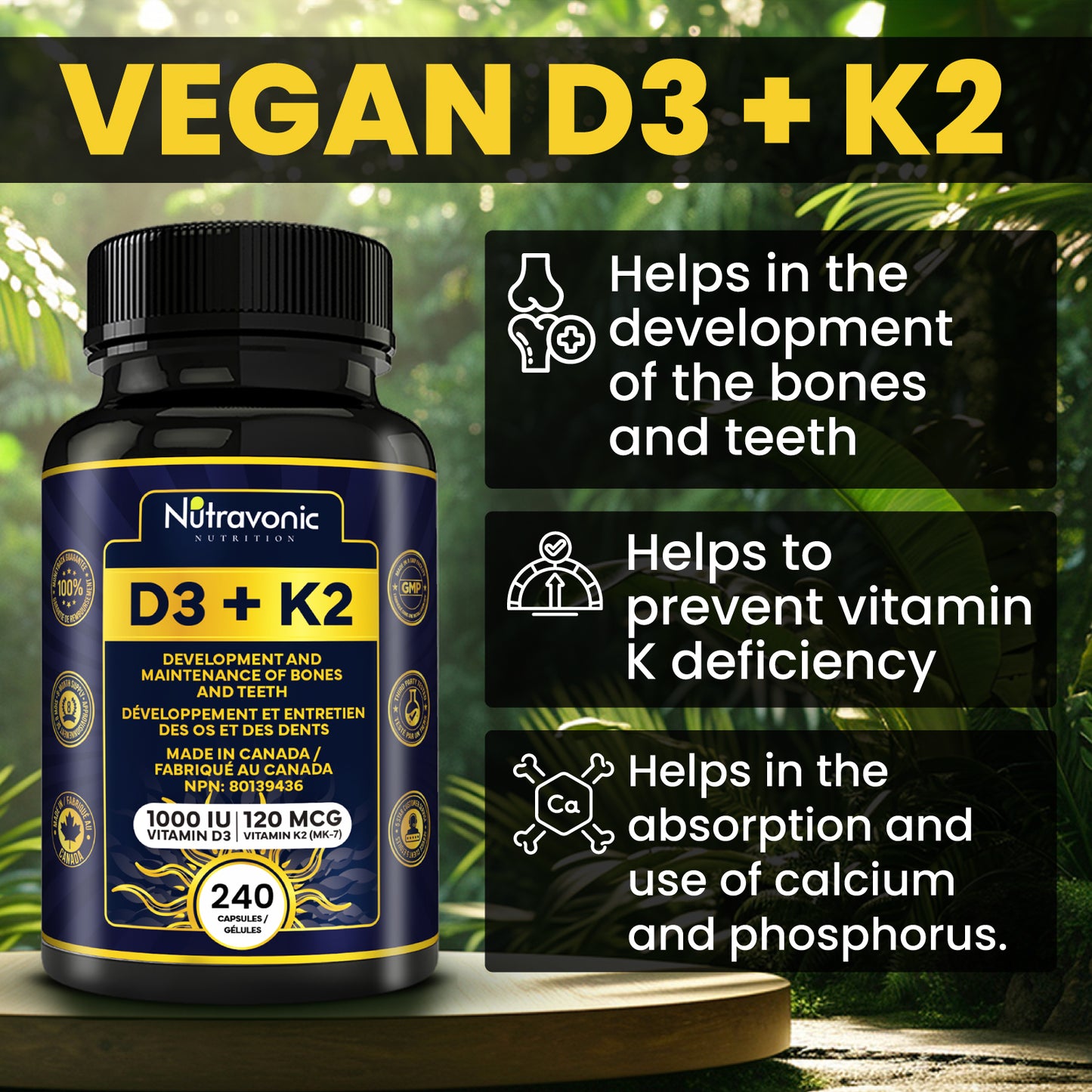 Vitamin D3+K2, 240 Capsules