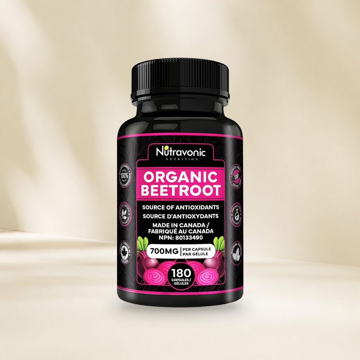 Nutravonic Nutrition Beetroot 180 capsules bottle without a hanging tag on a warm cream background.