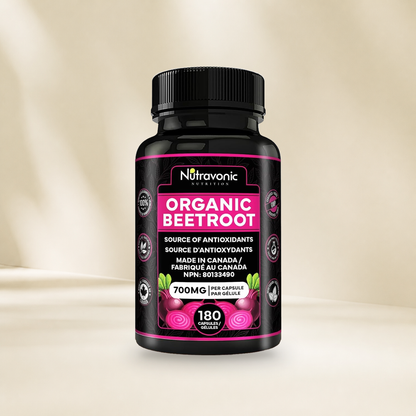 Nutravonic Nutrition Beetroot 180 capsules bottle without a hanging tag on a warm cream background.