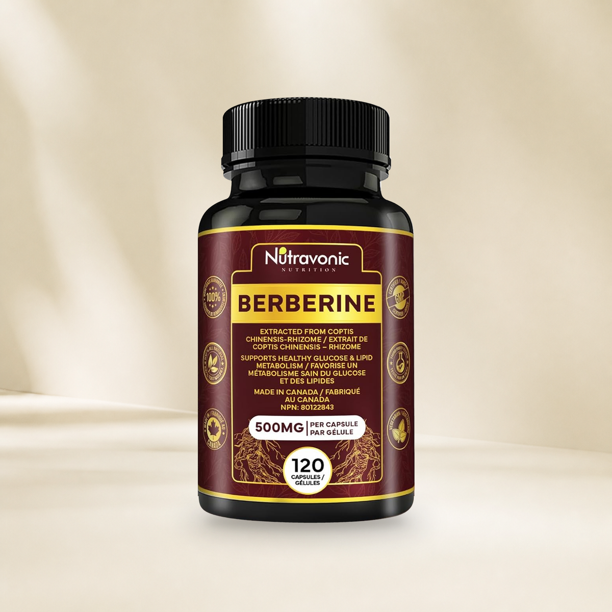 Nutravonic Nutrition berberine 120 bottle on a warm cream background, without a hanging tag.