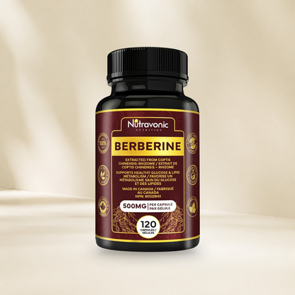 Nutravonic Nutrition berberine 120 bottle on a warm cream background, without a hanging tag.