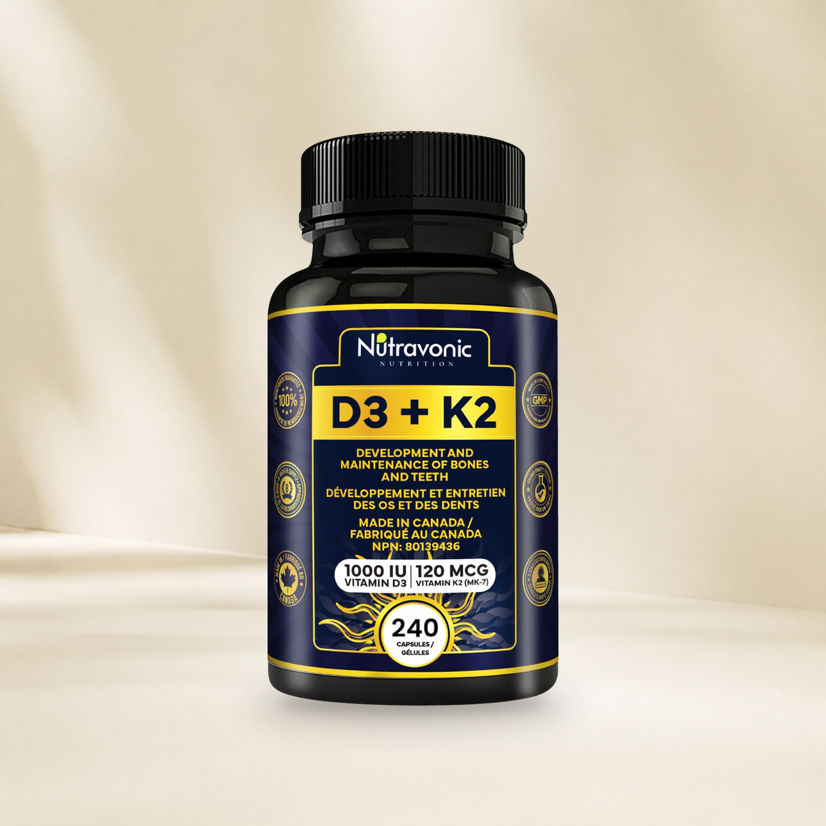 Nutravonic Nutrition Vitamin D3 + K2 240 capsules bottle without a hanging tag on a warm cream background.