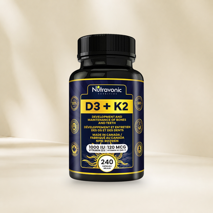 Nutravonic Nutrition Vitamin D3 + K2 240 capsules bottle without a hanging tag on a warm cream background.