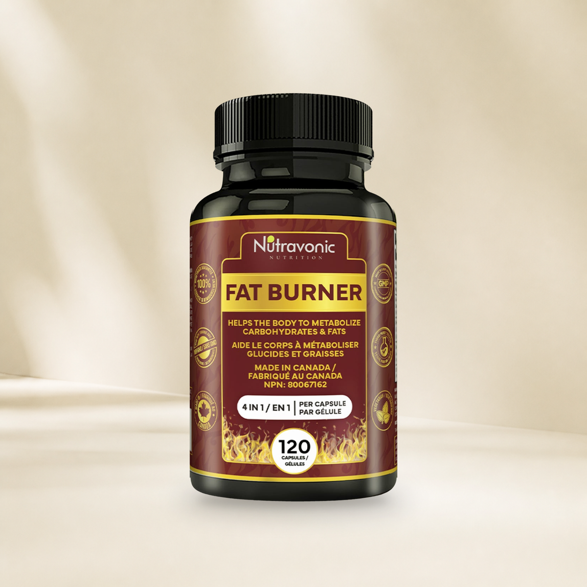 Nutravonic Nutrition fat burner 120 bottle on a warm cream background, without a hanging tag.