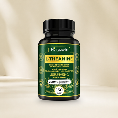 Nutravonic Nutrition l theanine 150 bottle on a warm cream background, without a hanging tag.