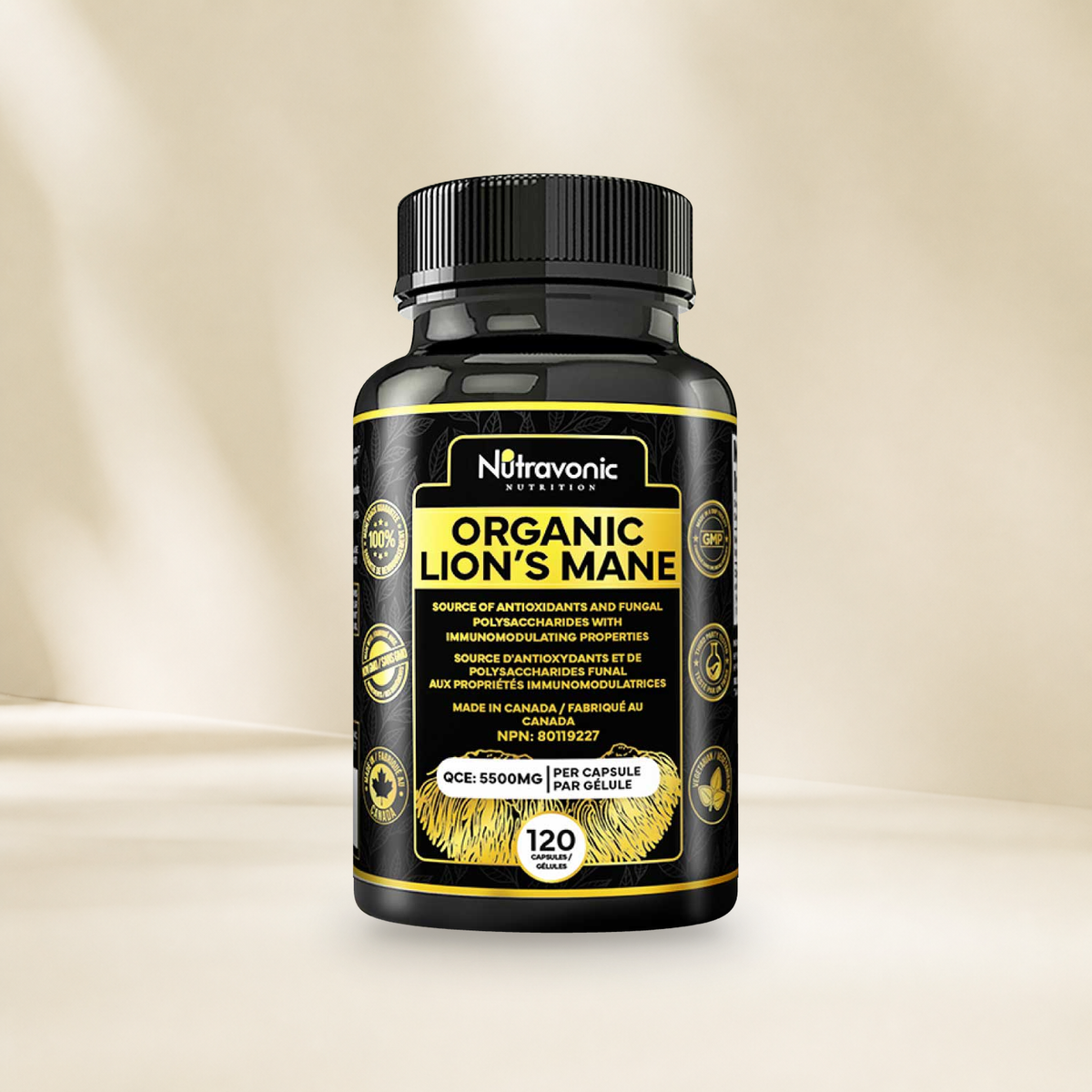 Nutravonic Nutrition Organic Lion's Mane, 120 capsules, bottle on a warm cream background without a hanging tag.