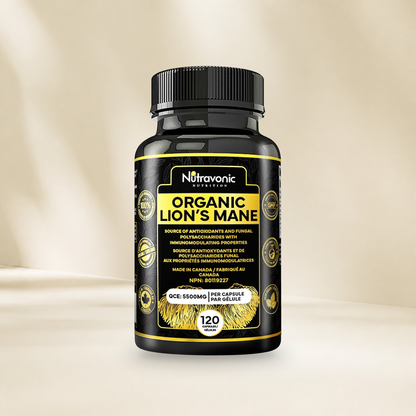 Nutravonic Nutrition Organic Lion's Mane, 120 capsules, bottle on a warm cream background without a hanging tag.