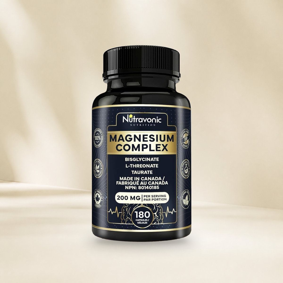 Nutravonic Nutrition Magnesium Complex 180 capsules bottle without a hanging tag on a warm cream background.
