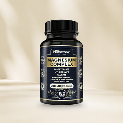 Nutravonic Nutrition Magnesium Complex 180 capsules bottle without a hanging tag on a warm cream background.