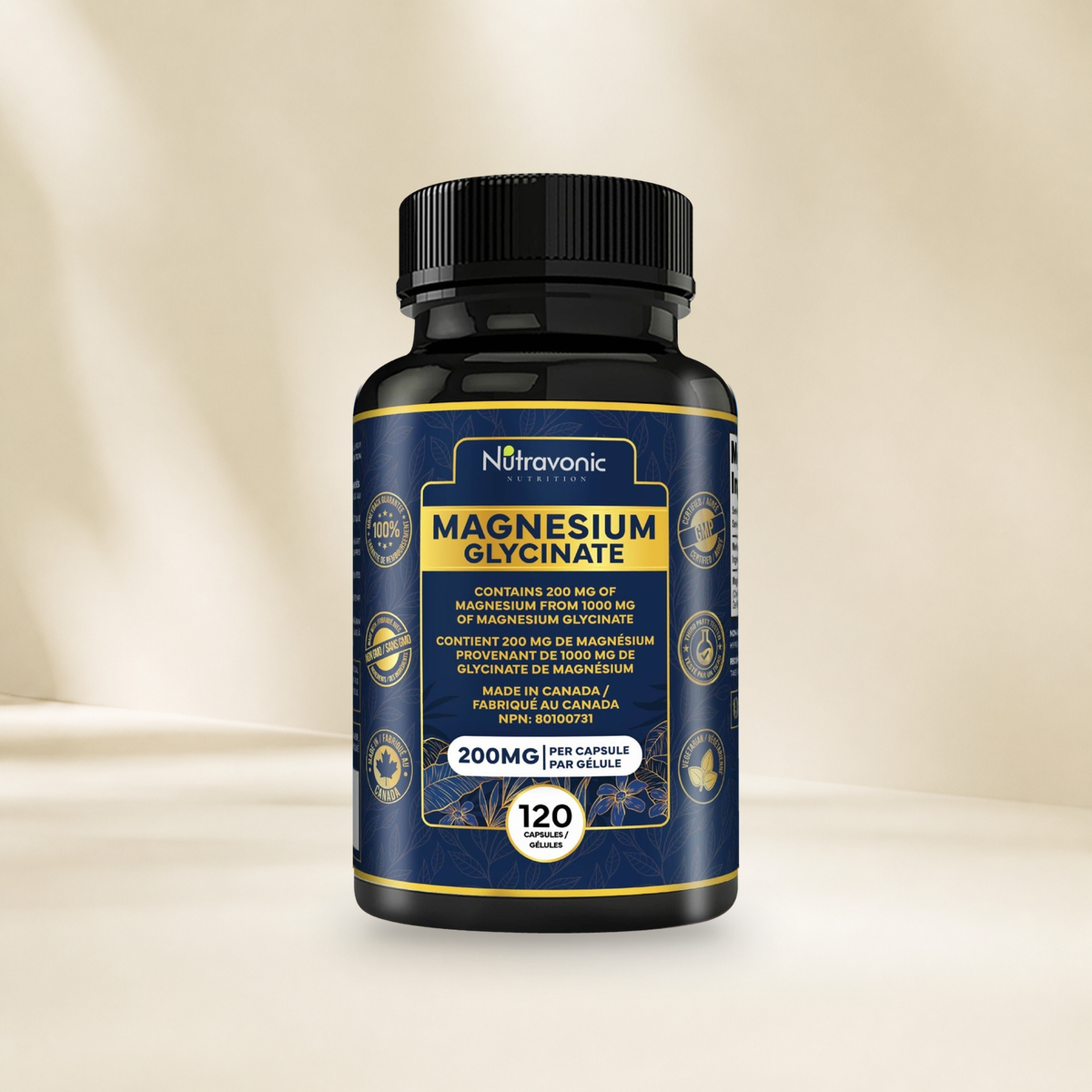 Nutravonic Nutrition magnesium glycinate 120 bottle on a warm cream background, without a hanging tag.