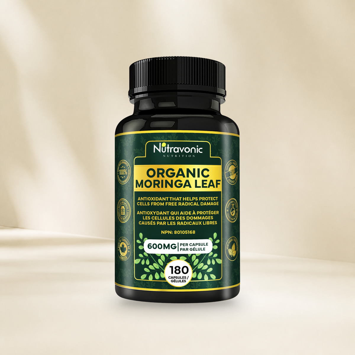 Nutravonic Nutrition Moringa 180 capsules bottle without a hanging tag on a warm cream background.