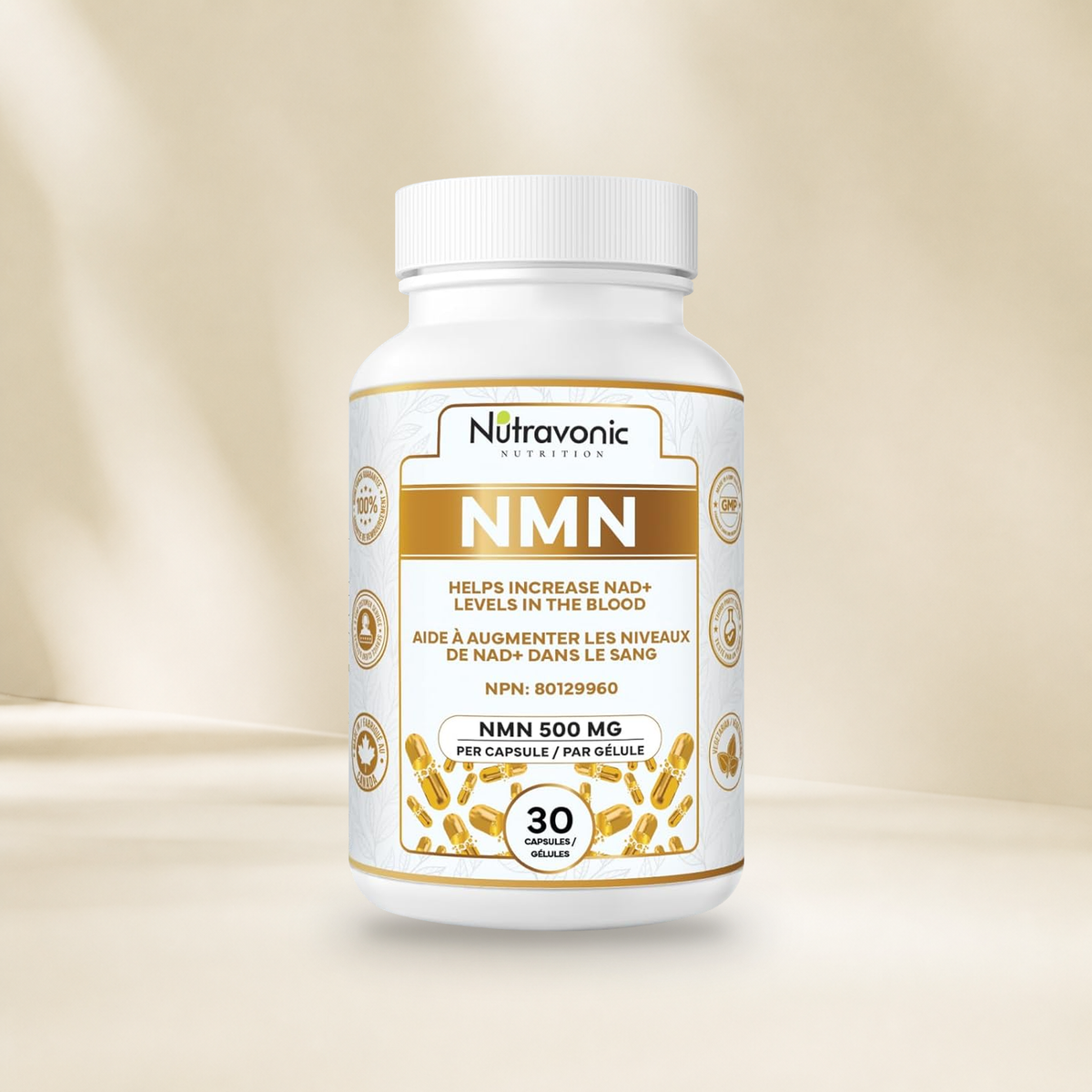 Nutravonic Nutrition NMN 500 mg, 30 capsules, bottle on a warm cream background without a hanging tag.