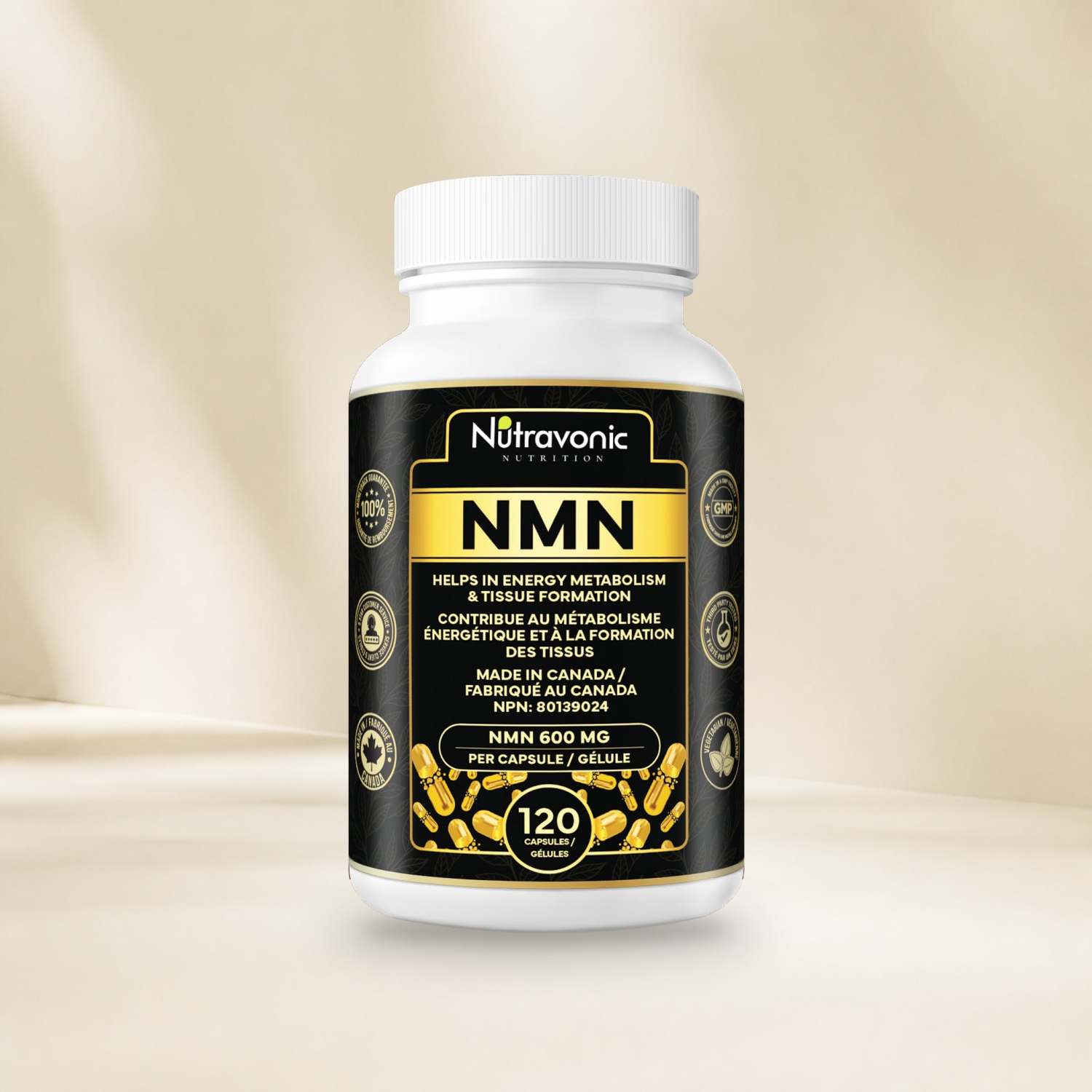 Nutravonic Nutrition NMN 600 mg 120 capsules bottle without a hanging tag on a warm cream background.