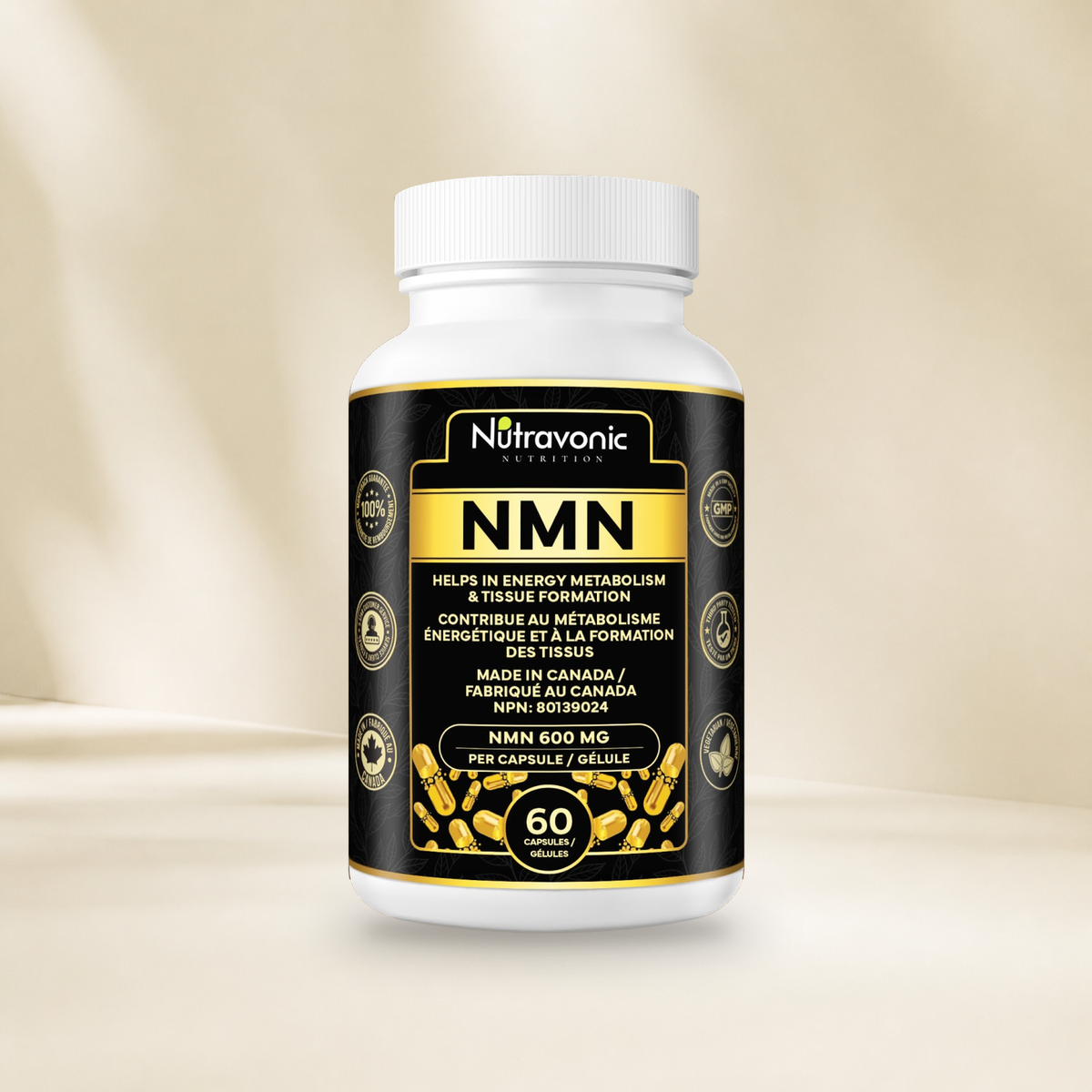Nutravonic Nutrition NMN 600 mg 60 capsules bottle without a hanging tag on a warm cream background.