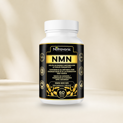 Nutravonic Nutrition NMN 600 mg 60 capsules bottle without a hanging tag on a warm cream background.