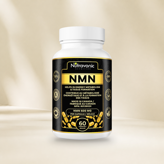 Nutravonic Nutrition NMN 600 mg 60 capsules bottle without a hanging tag on a warm cream background.