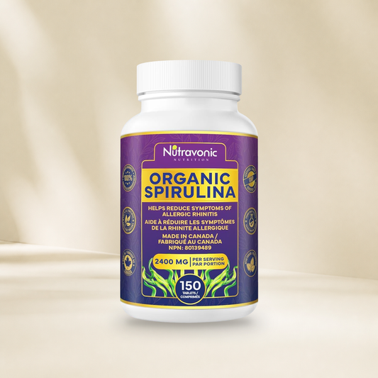 Nutravonic Nutrition Organic Spirulina, 150 tablets, bottle without a hanging tag on a warm cream background.