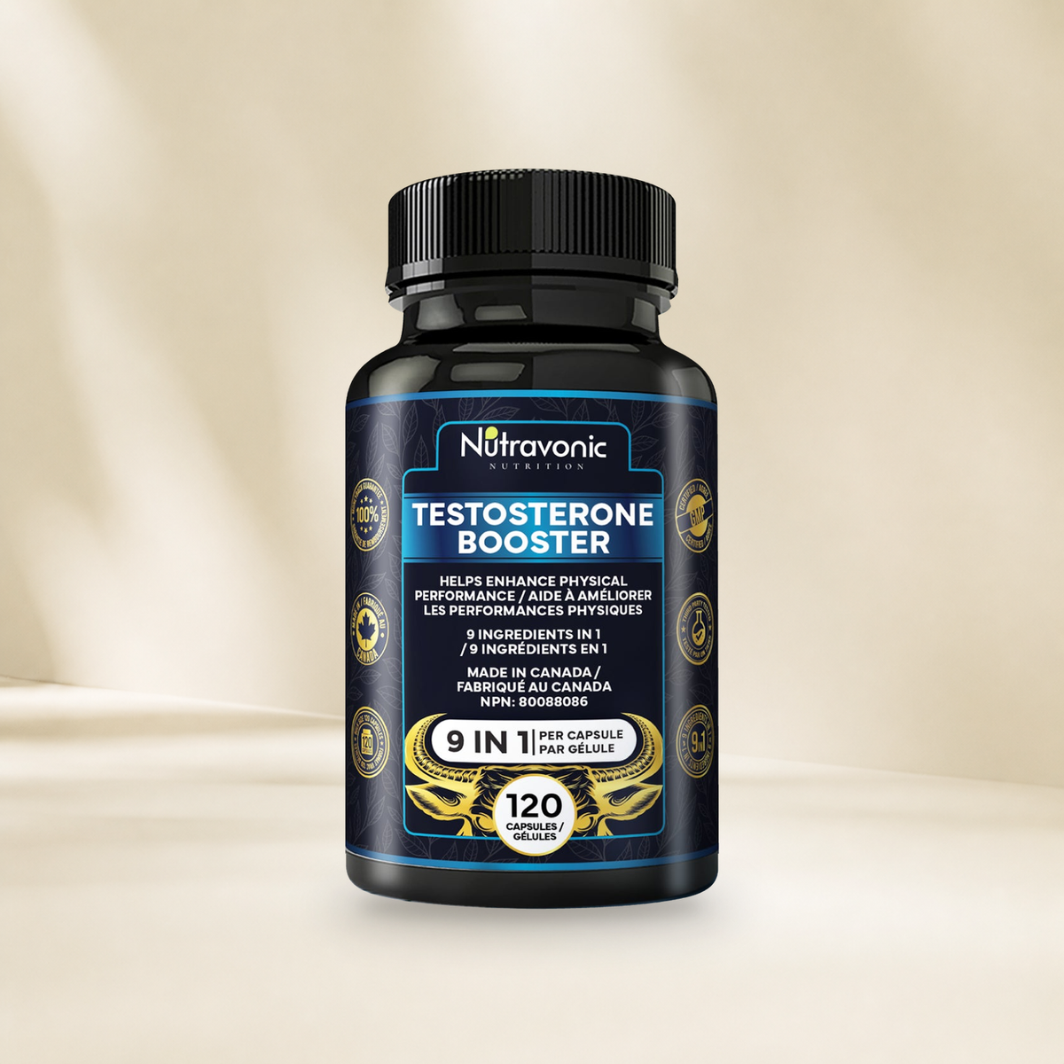 Nutravonic Nutrition testosterone booster 120 bottle on a warm cream background, without a hanging tag.